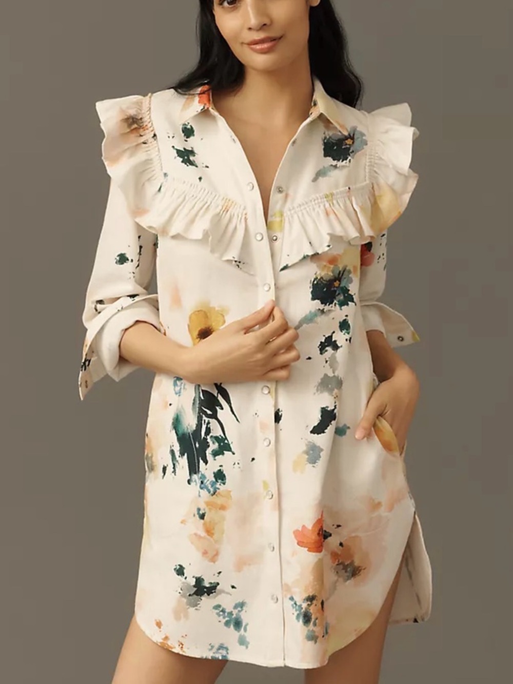 Pilcro White Floral Mini Dress with Yellow & Teal Accents